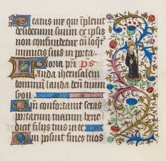 Лист из средневекового часослова. Готическое письмо на велени, 12 строк. Иллюминированный манускрипт на латыни